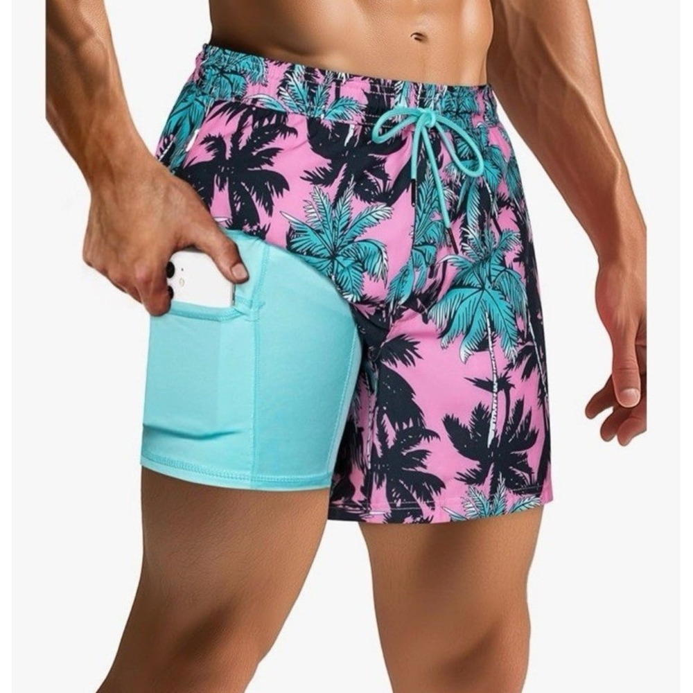 Mens Swim Trunks Tropical Palm Tree Pink Blue Liner‎ Pockets Size XXL
